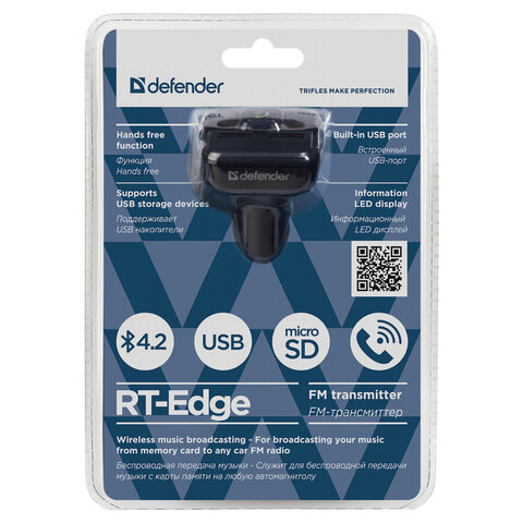 FM-трансмиттер Defender RT-Edge, Bluetooth, USB2.0, micro SD, черный (68012)