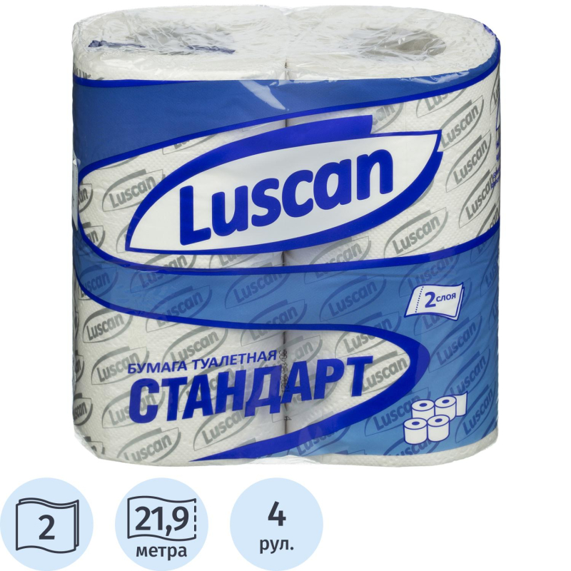 Бумага туалетная 2-слойная Luscan Standart, белая с тиснением, 21.88м, 4 рул/уп