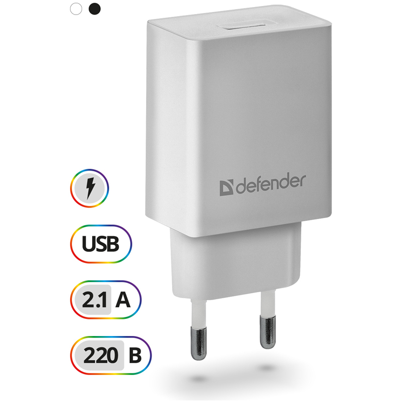 Сетевое зарядное устройство Defender EPA-10, 1хUSB, ток 2.1А, белый (83549)