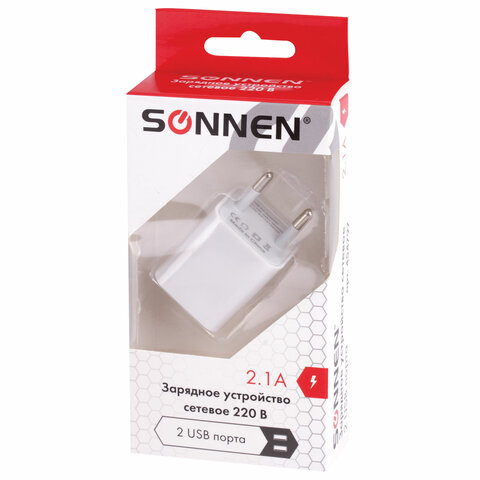 Сетевое зарядное устройство Sonnen, 2хUSB, ток 2.1А, белый, 2шт. (454797)